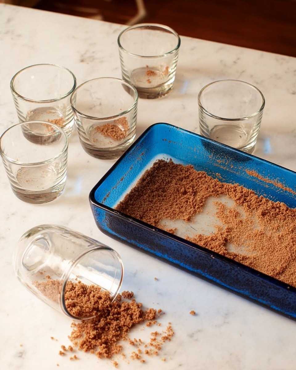The image shows three clear glass cups filled with a layered dessert. Each cup has a bottom layer of crumbly brown crust, followed by a thick layer of pale yellow pudding. Above this is a layer of white cream, then another layer of yellow pudding. At the top, there is a swirl of white whipped cream decorated with caramel drizzle and small brown crumbs. Each cup is finished with a slice of banana standing upright in the whipped cream. The cups are placed on a white marbled surface. photo taken with an iphone --ar 4:5 --v 7
