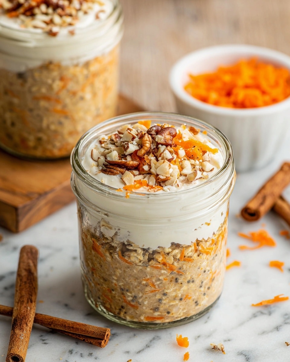 A close-up of a spoon holding a scoop of creamy oatmeal mixed with small orange carrot shreds, visible seeds, and a thick white yogurt layer on top, garnished with some grated carrot. The spoon is lifted above a white jar filled with the same oatmeal mixture, set on a white marbled surface. The oatmeal looks soft with a slightly chunky texture from the carrots and seeds, and the yogurt topping adds a smooth, glossy layer to the dish. Photo taken with an iphone --ar 4:5 --v 7