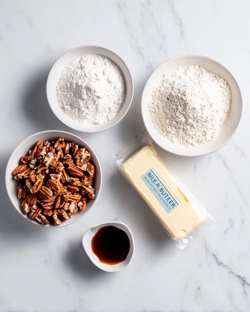 The image shows five cooking ingredients laid out on a white marbled surface. There are two white bowls, one filled with white flour and the other with white sugar, both finely textured and heaped. Next to them is a white bowl full of chopped pecans, showing light and dark brown rough pieces with visible veins. To the right of the bowls is a wrapped stick of pale yellow salted butter with a blue label, and below it is a small, open white container holding dark brown vanilla extract. The scene is bright, clean, and organized. photo taken with an iphone --ar 4:5 --v 7
