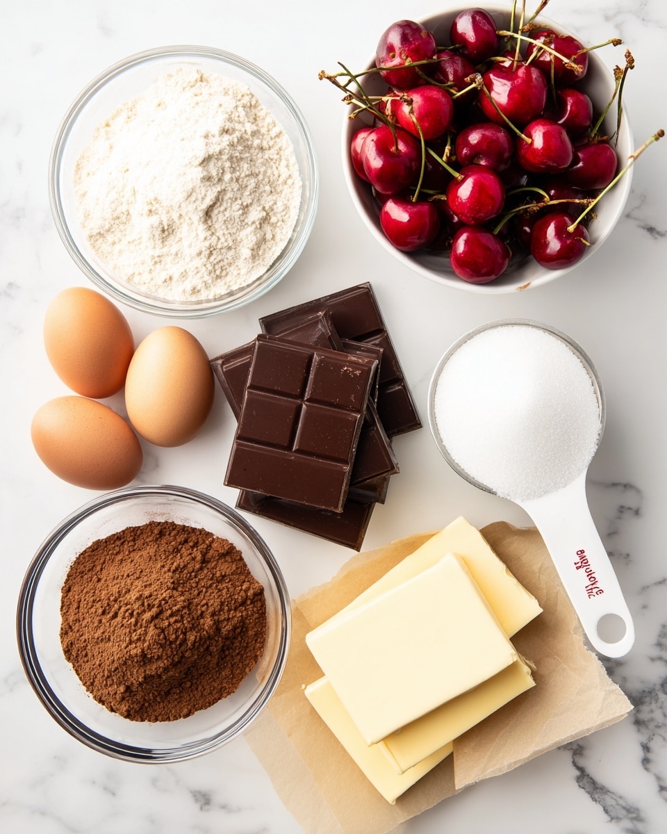 The image shows eight ingredients placed on a white marbled surface. In the top right is a white bowl filled with fresh red cherries with green stems. Below it, near the center right, is a white measuring scoop filled with white sugar. To the left of the scoop is a small clear glass bowl of brown sugar. In the center are two square pieces of dark brown chocolate stacked one on top of the other. Above the chocolate is a clear bowl filled with white flour, smooth on top. To the bottom left of the chocolate are three light brown eggs arranged closely. To the left of the eggs is a small clear glass bowl filled with brown cocoa powder. Below the brown sugar and chocolate is a beige piece of parchment paper holding three small rectangular pieces of pale yellow butter. The setup is neat, showing each ingredient clearly spaced out. Photo taken with an iphone --ar 4:5 --v 7