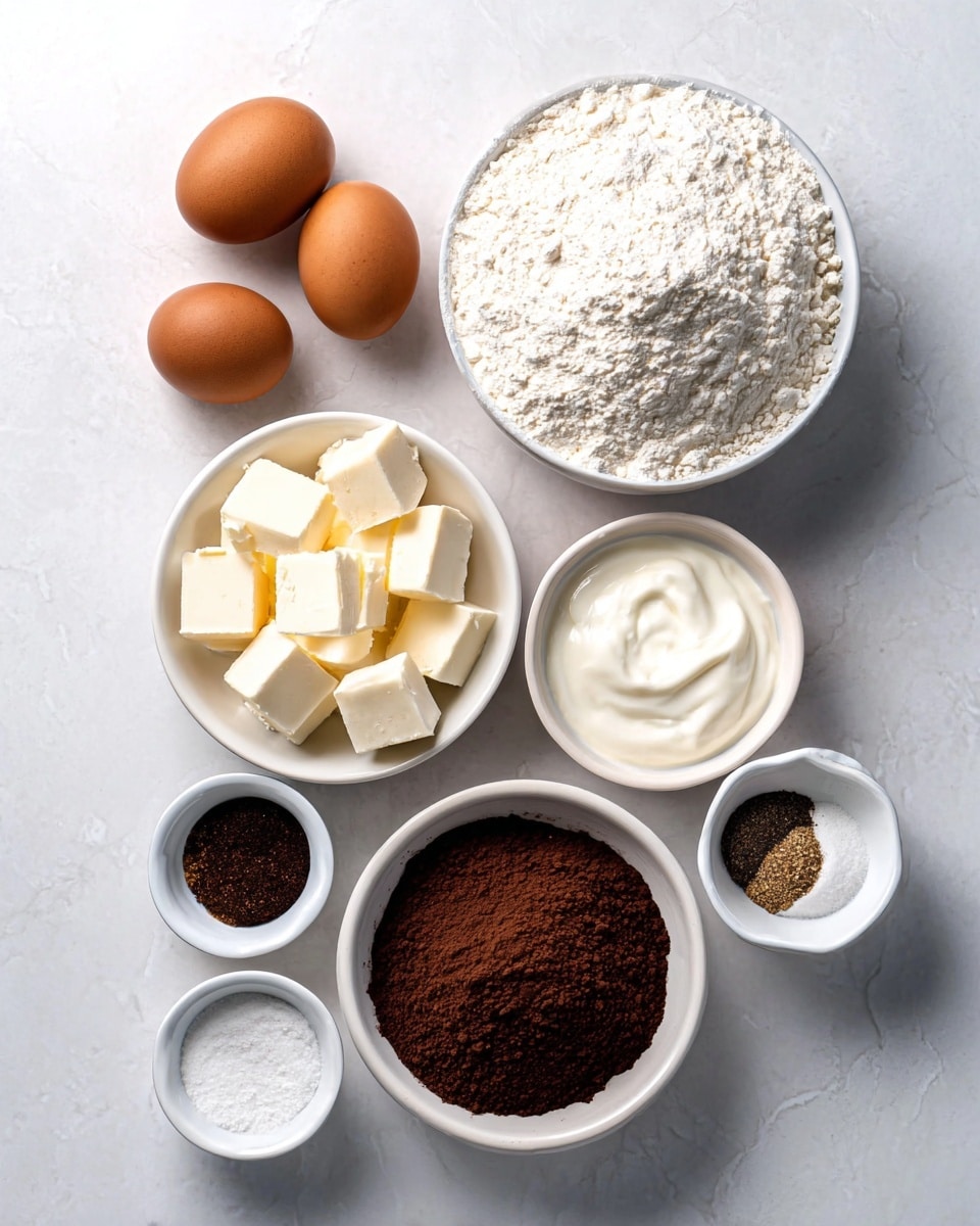 The image shows a top view of baking ingredients neatly arranged on a white marbled surface. There are four brown eggs placed vertically on the left side. Next to them are small white bowls filled with different ingredients: one bowl with small white cubes of butter, a larger bowl filled with white flour at the bottom, another filled with fine white sugar to the right of the butter, a small bowl of thick white cream or yogurt, a medium bowl of dark brown cocoa powder in the center, and two small bowls at the top containing dark brown spices and a mix of white salt and another brown spice. The bowls and eggs create a balanced, clean layout. Photo taken with an iphone --ar 4:5 --v 7