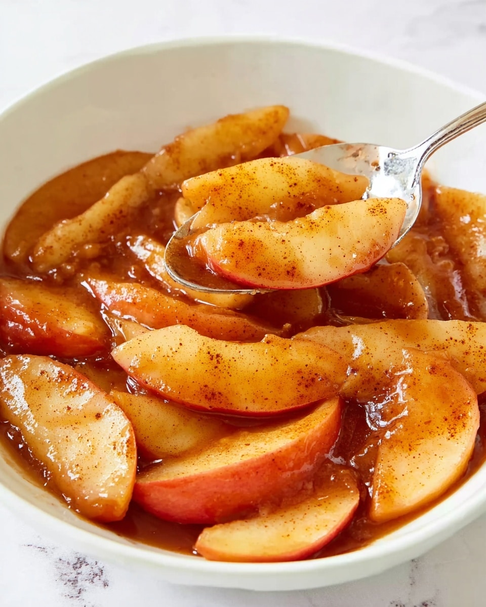 The dish shows a white plate with a stack of cooked apple slices arranged in a rough circle, their color a mix of golden brown, light caramel, and soft orange with a slightly shiny, syrupy texture. On top of the apple slices is a single round scoop of vanilla ice cream, creamy white with smooth texture and a slight drizzle of light caramel sauce melting down the sides. The plate is set on a white marbled surface, and part of a white pie dish filled with more apple slices is visible in the background. Photo taken with an iphone --ar 4:5 --v 7