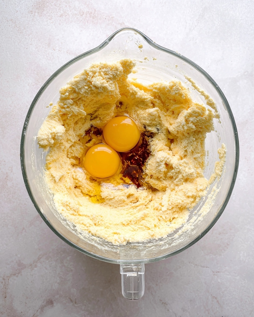 A clear glass mixing bowl sits on a white marbled surface, filled with a thick, pale yellow creamy mixture that clings to the sides of the bowl. At the center of the bowl, two bright yellow raw egg yolks rest in a small pool of translucent egg whites, surrounded by a slight splash of dark brown vanilla liquid. The bowl has a handle on the right side, and the mixture inside looks fluffy and textured, showing small clumps and an uneven surface. photo taken with an iphone --ar 4:5 --v 7