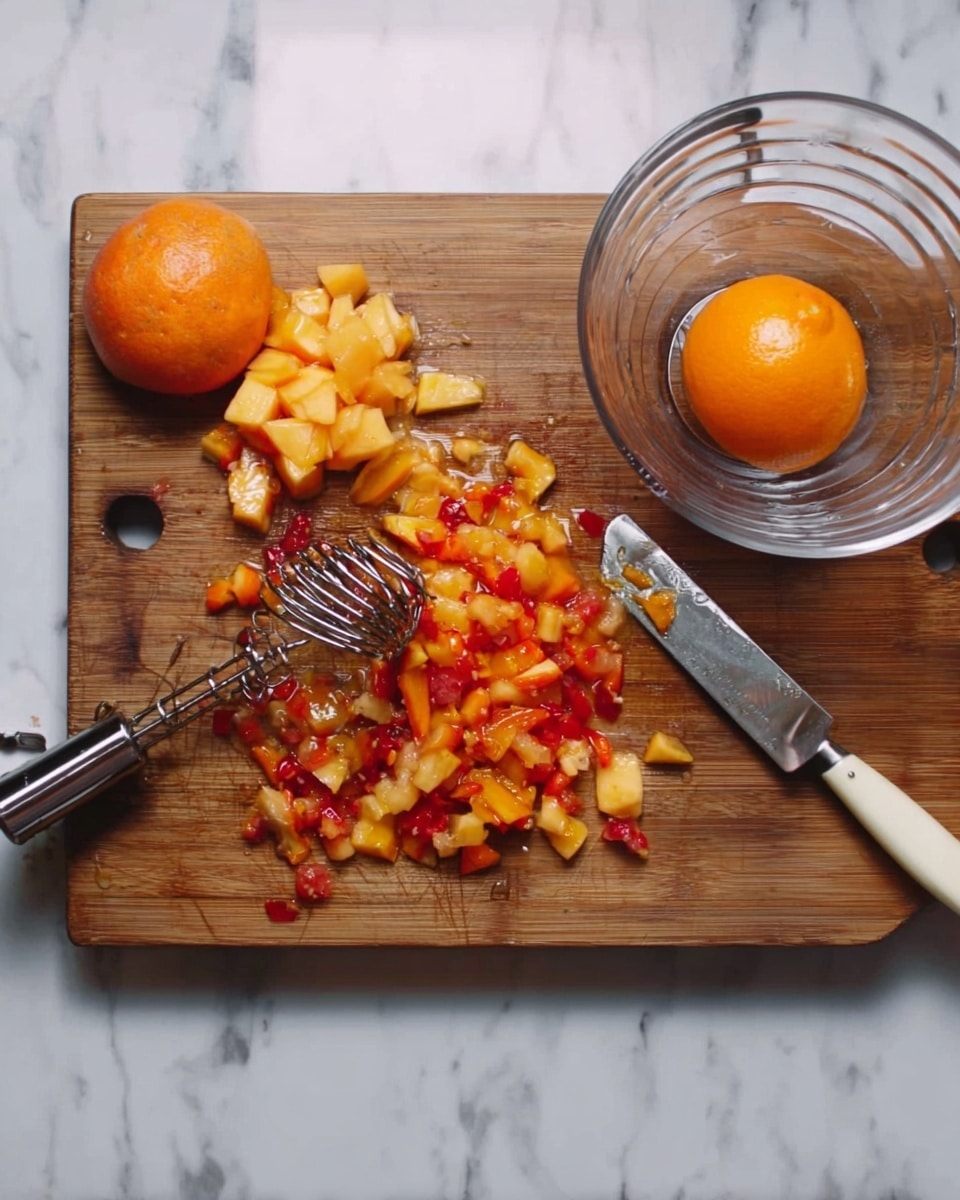 A wooden board sits on a white marbled surface, with small diced orange and red fruit pieces spread across the center. On the left side of the board, there are two larger chunks of orange fruit. A metal masher rests on top of the diced fruit, facing down. On the right side, a clear glass bowl holds one whole orange fruit and a knife with a white handle and silver blade resting inside it. The scene has a clean and simple kitchen feel. photo taken with an iphone --ar 4:5 --v 7