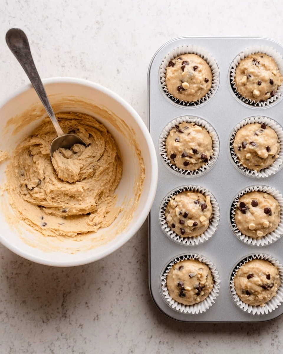 A white mixing bowl filled with light beige muffin batter that contains visible dark chocolate chips and small white bits is on the left side, with a metal spoon partly submerged in the thick batter, showing its creamy and slightly lumpy texture. To the right, a silver muffin tray holds nine muffin cups lined with white paper, each one filled to the top with the same light beige batter, textured slightly uneven on top, showing chocolate chips and white bits throughout. Both the bowl and tray rest on a white marbled surface, creating a clean and bright setting. Photo taken with an iphone --ar 4:5 --v 7