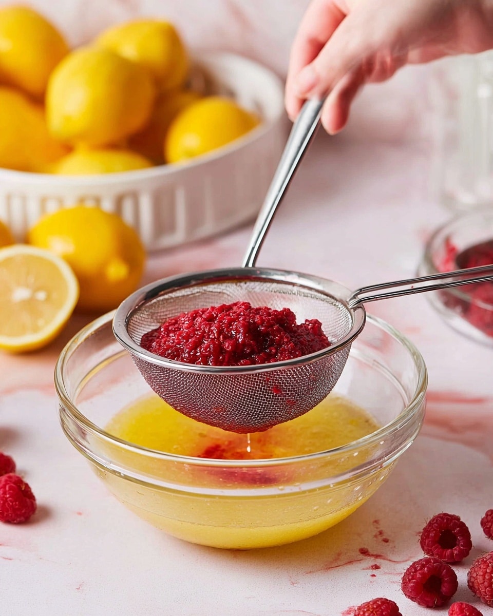 A close-up view shows a clear glass bowl with a light yellow liquid inside as the bottom layer. A fine steel mesh strainer sits on top of the bowl holding crushed, bright red raspberries. A woman's hand holds a silver spoon, pressing the raspberries through the strainer so some juice drips into the bowl below. Around the bowl, there are scattered whole raspberries, lemon slices, and a white container filled with whole lemons in the background placed on a white marbled surface. The setting has a bright and fresh feel. photo taken with an iphone --ar 4:5 --v 7