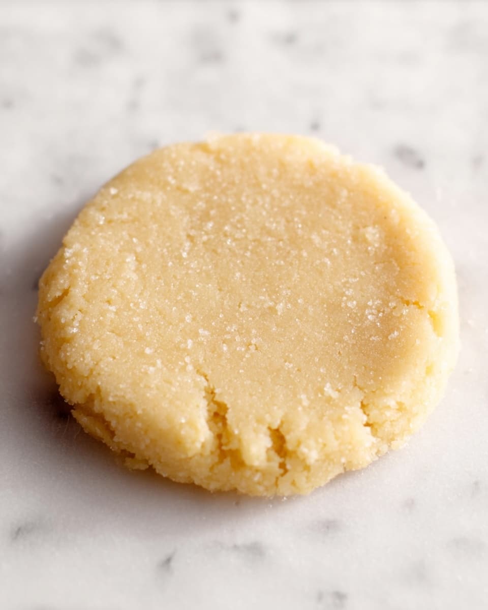A single round cookie dough piece rests on a white marbled texture. The dough has a pale yellow color with a slightly grainy texture, and its edges are gently rounded with some tiny cracks. The surface of the dough is smooth but not shiny, showing small granules of sugar spread evenly. The cookie dough is flat and about half an inch thick, centered in the image with soft lighting highlighting its texture. Photo taken with an iphone --ar 4:5 --v 7