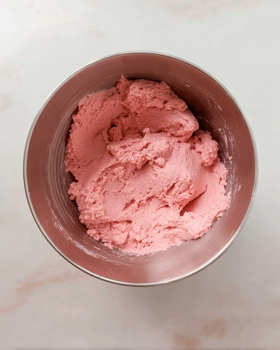 A round silver mixing bowl sits on a white marbled surface. Inside the bowl, there are two layers: a pink creamy mixture covering most of the bowl’s inside surface and a mound of white powder, likely flour, placed on top of the pink layer on one side. The texture of the pink mixture looks soft and dense, while the white powder is fine and dry. The bowl has a black handle facing downwards. photo taken with an iphone --ar 4:5 --v 7