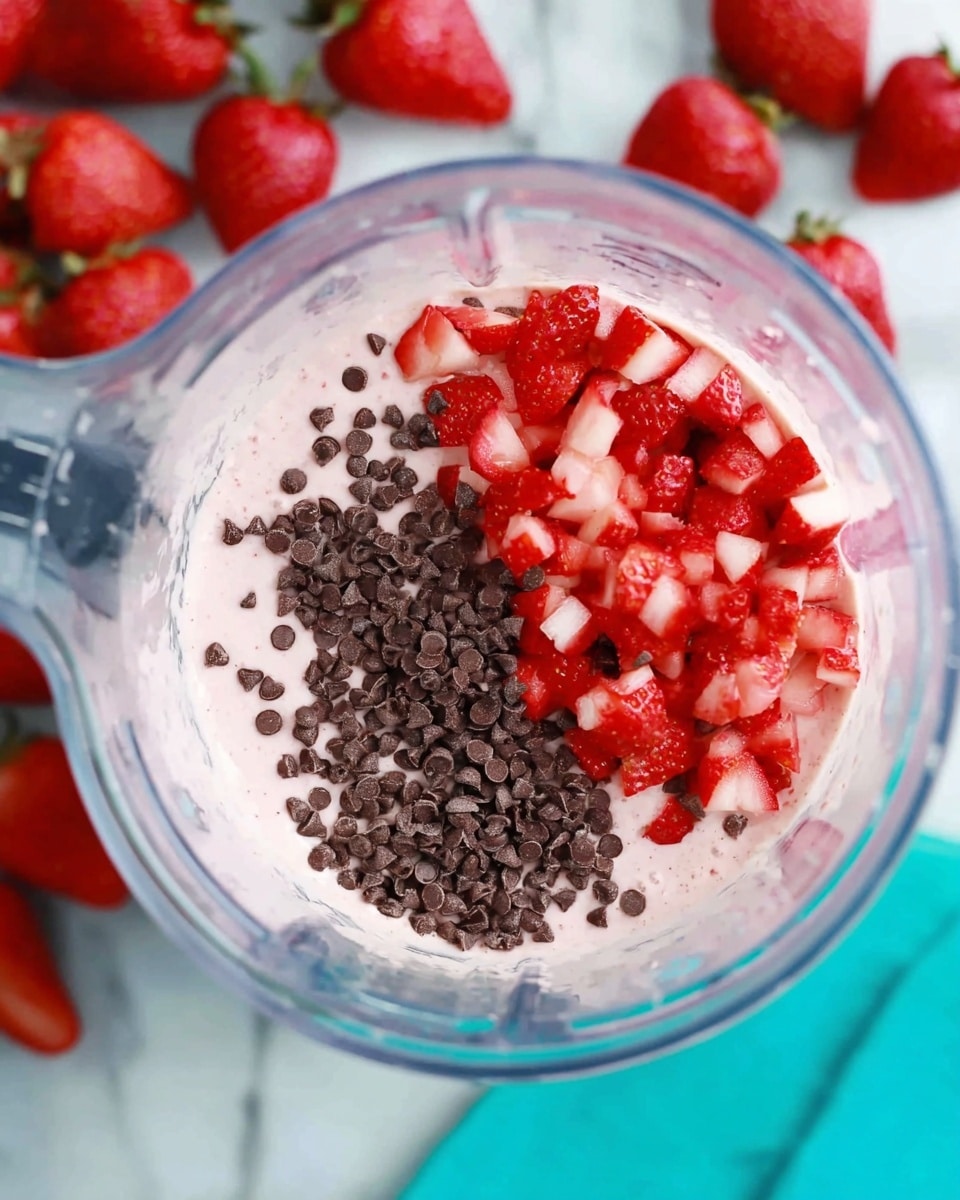 This image shows a clear glass cup with two main layers inside: the bottom layer is white creamy yogurt, and the top layer has bright red strawberry pieces scattered over the yogurt, some partially dipped in the cream. The strawberries are cut into chunks and have a shiny, fresh look with visible seeds. The cup is placed on a white plate with a rose and green leaf pattern, sitting on a white marbled surface. There is a silver fork beside the cup on the plate, and in the blurry background, whole strawberries can be seen. photo taken with an iphone --ar 4:5 --v 7