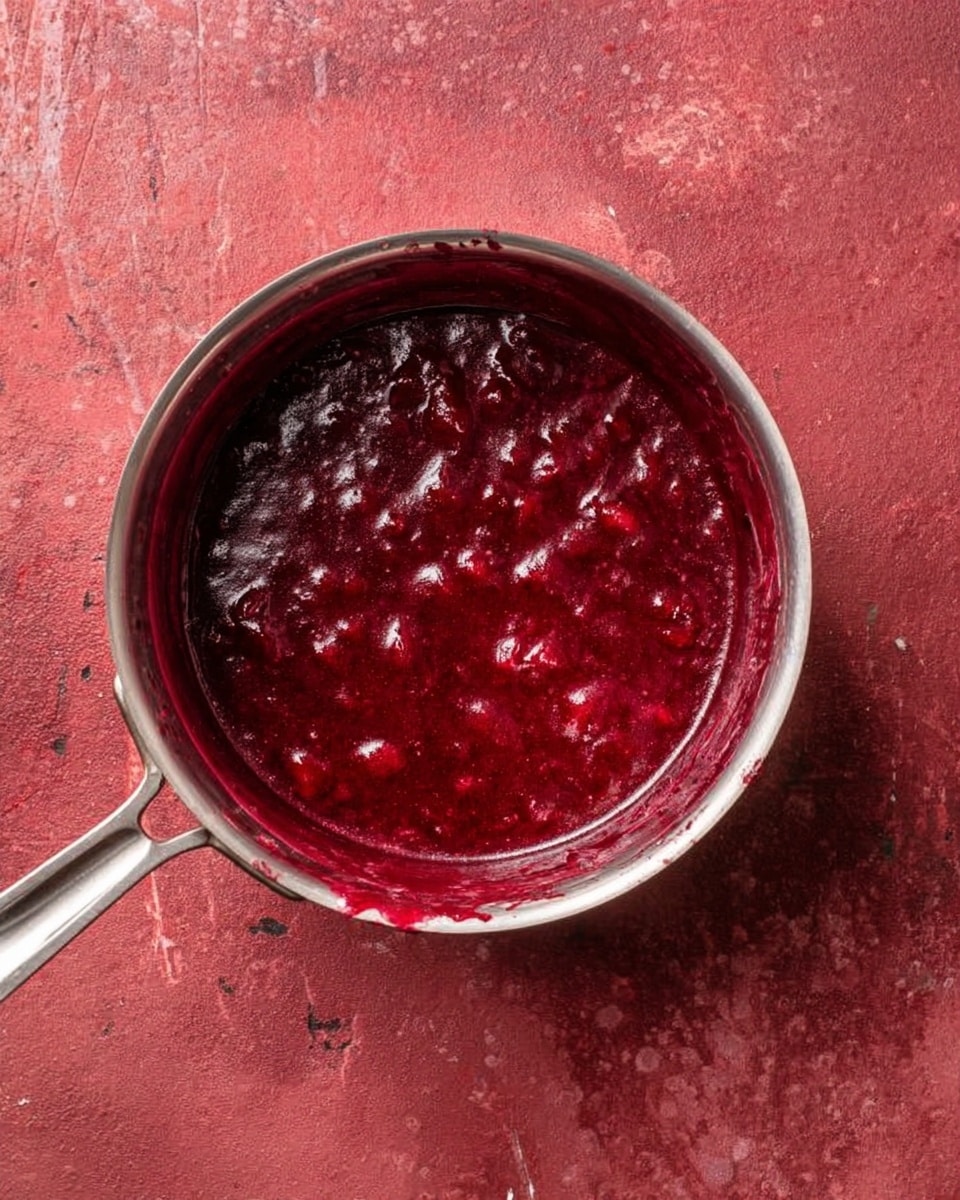 A shiny silver pot filled with thick, deep red sauce with visible pieces of fruit cooked inside it, sitting on a reddish textured surface that has scratches and spots. The sauce looks rich and chunky, filling the pot almost to the top, with some sauce stains on the inner side of the pot near the edge. The pot handle extends out to the left side. photo taken with an iphone --ar 4:5 --v 7