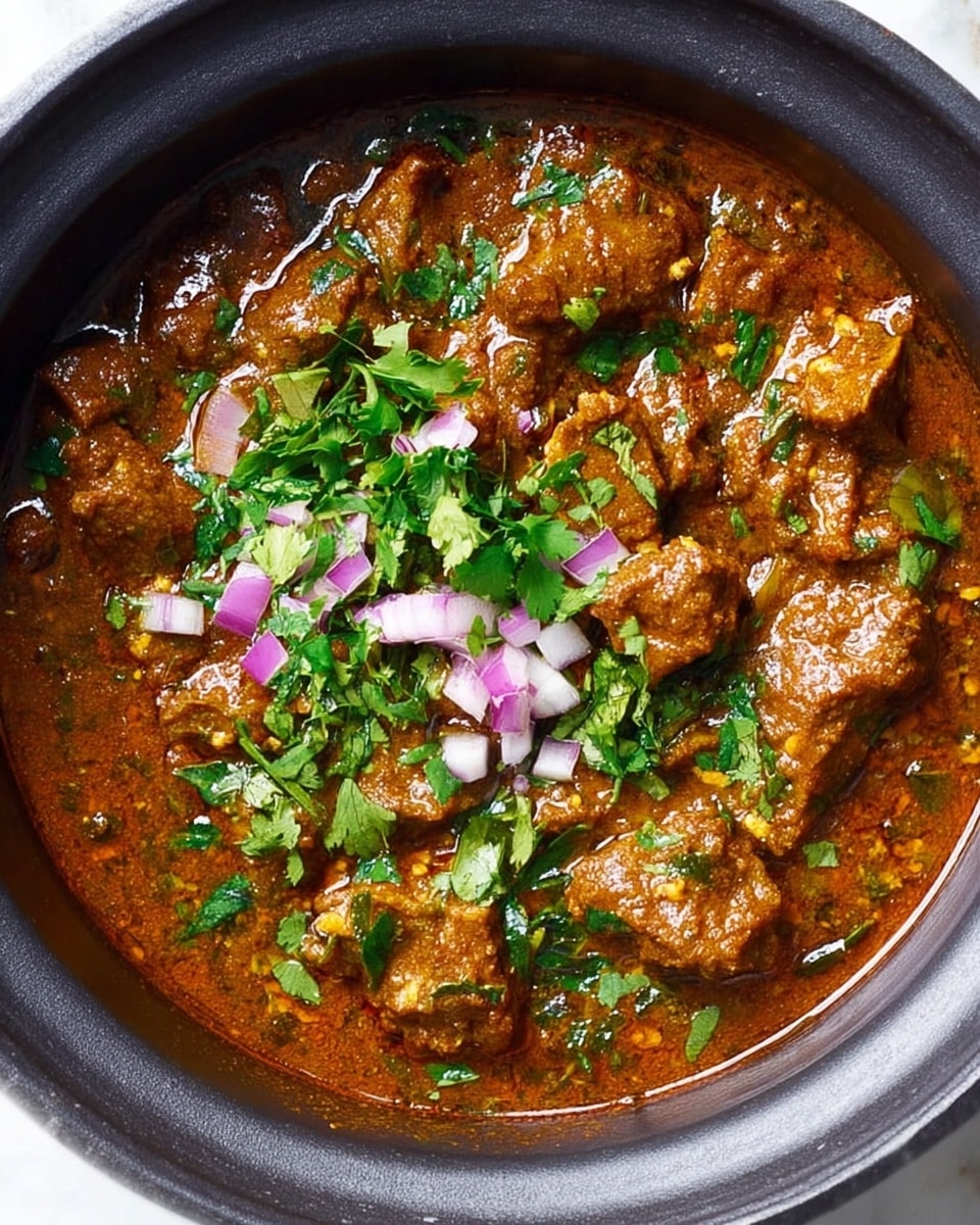 A black oval slow cooker is shown from above, filled with raw red meat pieces in one section. Next to the meat are finely chopped yellow garlic and white onion, arranged neatly in separate sections. Bright red tomato sauce covers one side. Several brown and green powder spices are placed on top of the tomato sauce and meat, creating layers of seasoning. The cooker sits on a white marbled surface. Photo taken with an iphone --ar 4:5 --v 7
