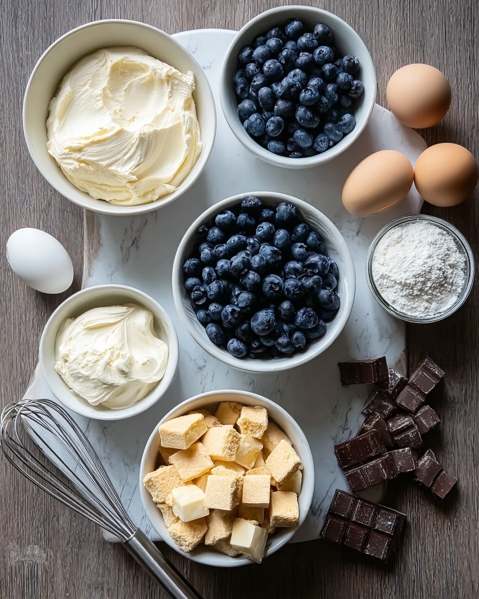 The image shows several bowls and ingredients arranged neatly on a white marbled surface. There are four bowls filled with different items: one white bowl with smooth cream cheese, one white bowl with fresh, plump blueberries, one white bowl with golden cereal squares, and one white bowl with whipped cream. Additionally, there is a small white bowl of powdered sugar, three whole eggs, two eggshell halves, several pieces of dark chocolate, and a metal whisk placed on the surface. The textures range from soft and creamy to firm and crunchy, with colors mainly in white, blue, light tan, and dark brown. The objects are carefully spaced and viewed from above, creating a clean and organized cooking scene. photo taken with an iphone --ar 4:5 --v 7