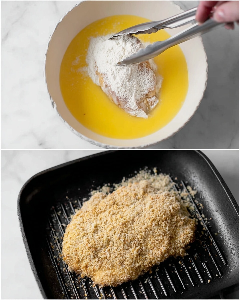 The top image shows a white bowl filled with yellow beaten eggs, and inside the bowl is a piece of meat being dipped, covered with a layer of white flour on top. A woman's hand is holding a metal tong gripping the meat gently. The background is a white marbled surface. The bottom image shows a breaded piece of meat placed on a black grill pan with a textured surface, the breading is light brown and crumbly, covering the whole piece. The scene is lit clearly with the white marbled surface behind. Photo taken with an iphone --ar 4:5 --v 7
