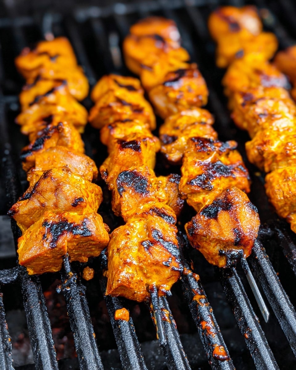 The image shows three wooden skewers with grilled chicken pieces on a white square plate. The chicken is covered in a shiny, dark reddish-brown sauce with green herbs scattered over it. The meat looks juicy and has a slightly charred texture with some crispy edges. The sauce pools slightly in spots on the white marbled background under the plate. photo taken with an iphone --ar 4:5 --v 7