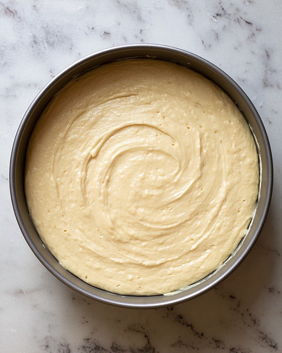 The image shows a round metal pan filled with a dessert arranged in two layers. The bottom layer is white and creamy, likely cheese or custard. On top, there are many shiny peach slices neatly placed in a circular pattern, overlapping slightly, bright orange with some red spots near the edges. The dessert is on a white marbled surface. photo taken with an iphone --ar 4:5 --v 7