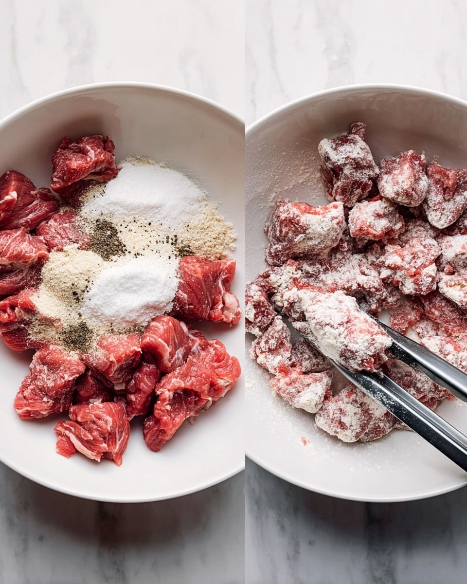 The image shows two white bowls side by side on a white marbled surface. The left bowl contains raw red meat pieces with three different powders sprinkled on top: a white powder in the center, a smaller amount of beige powder below it, and some black pepper around the powders. The meat pieces are chunky and uneven. The right bowl shows the same red meat pieces now coated in the white powder, making the meat look pale with a rough texture. There are metal tongs with black silicone parts resting inside the bowl on the right, partially covered with the powdery coating. photo taken with an iphone --ar 4:5 --v 7