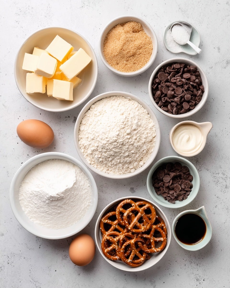 The image shows a top-down view of baking ingredients arranged neatly on a white marbled surface. There are eight white bowls and small containers, each holding different ingredients: one bowl contains several cubes of yellow butter, another holds light brown sugar with a crumbly texture, a third has white flour piled high, a small bowl is filled with dark brown chocolate chips, and another has shiny brown pretzels. There is a small white cup with cream and a tiny dish with white salt flakes. Also on the surface are a whole brown egg and a small bowl with a dark liquid, likely vanilla extract. The ingredients are evenly spaced, creating a clean and organized look. Photo taken with an iphone --ar 4:5 --v 7