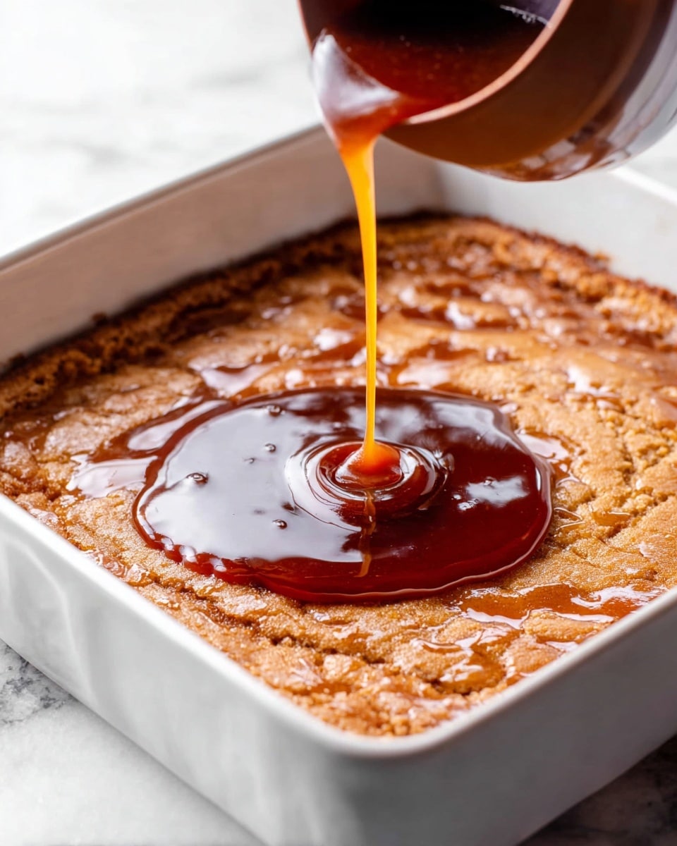 A white metal pan holds a thick, golden brown baked dessert with a slightly cracked and textured top layer. Dark, shiny caramel sauce is being poured from a brown cup, flowing in a steady stream onto the center of the warm dessert, creating a glossy, smooth pool that contrasts with the rough surface beneath. The background is a white marbled texture. photo taken with an iphone --ar 4:5 --v 7