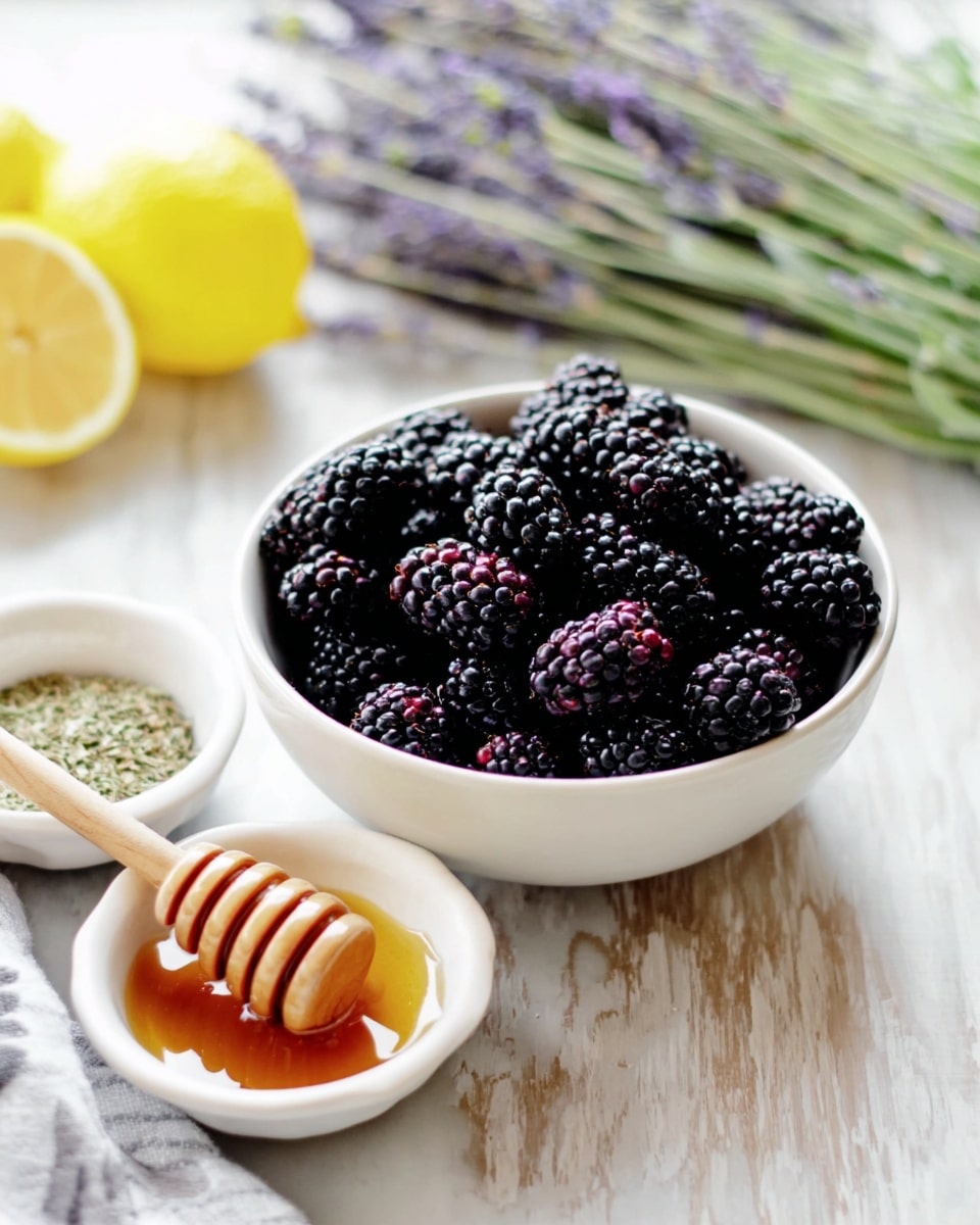 A white bowl filled with a large pile of shiny blackberries, showing their deep purple-black color and bumpy texture, sits on a white marbled surface. Next to it, there is a small white bowl holding dried herbs, and a white bowl with honey that is golden brown and smooth, with a wooden honey dipper resting inside. Behind, a half lemon is placed with yellow color and visible segments, and a bunch of light green and purple lavender flowers are blurred in the background. The overall setting is bright and fresh with natural light. photo taken with an iphone --ar 4:5 --v 7