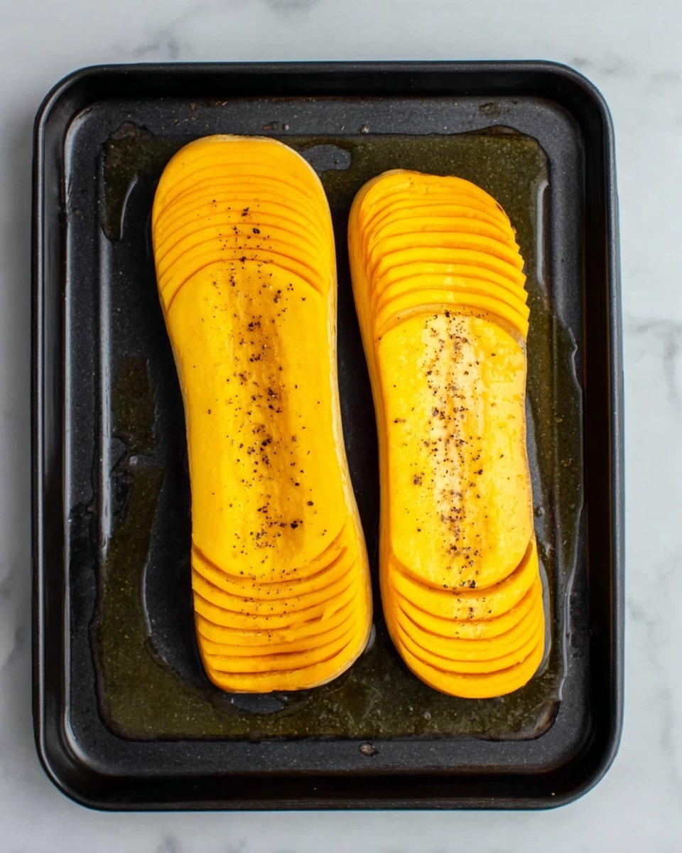 Two sliced yellow squash pieces lay flat on a black baking tray. Each squash is thinly sliced in layers from top to bottom but still connected at the base, showing smooth, bright yellow skin on the outside and slightly darker yellow flesh inside. Small black seasoning flakes are sprinkled evenly on top, and a thin layer of oil surrounds the squash on the tray, giving a shiny, moist look. The tray rests on a white marbled surface. Photo taken with an iphone --ar 4:5 --v 7