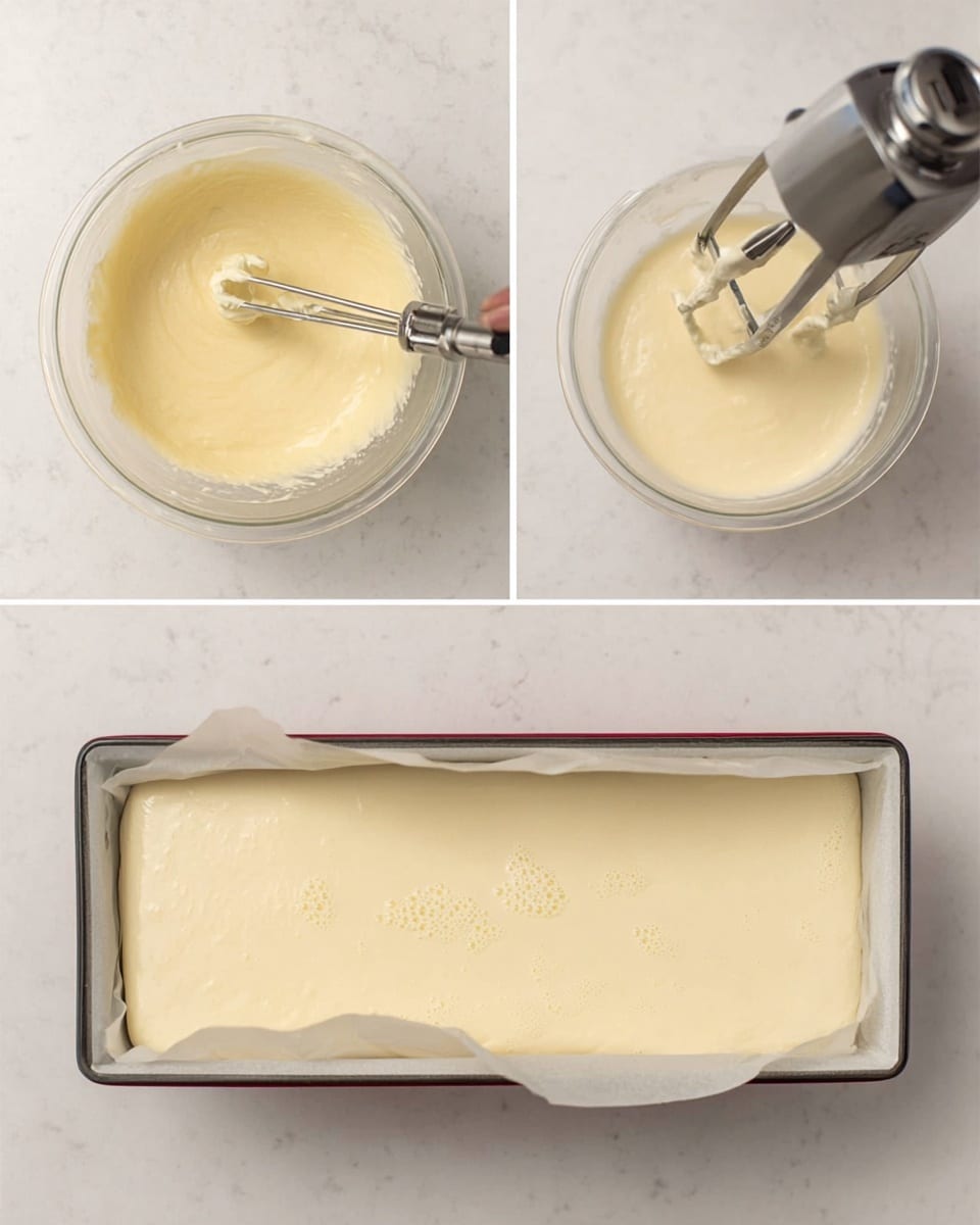 The image shows a loaf cake with a very smooth, light yellow inside and a shiny, dark brown outer crust that looks thin and slightly cracked on top. The cake is cut to show a single thick layer with a soft, dense texture inside and a firm crust all around. It sits directly on a white marbled surface, and there are a few small crumbs near the cake. In the background, another slice of the cake is partially visible, also showing the same two-tone look. Photo taken with an iphone --ar 4:5 --v 7