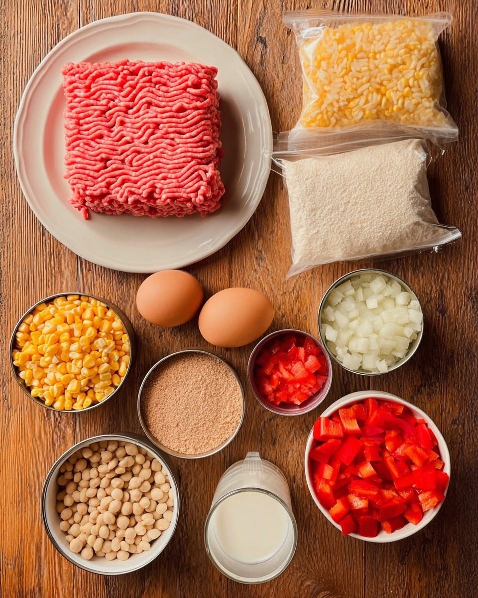 The image shows a flat lay of cooking ingredients on a wooden surface. There is a white plate at the top center with a block of fresh, pink ground meat with detailed texture. To the right of the plate are two clear plastic bags filled with a pale yellow powdery substance. Below the plate and bags, there are small white bowls and tins containing various ingredients: one white bowl at the center holds two brown eggs; to the left, a tin with light brown beans; below that, a can with yellow corn kernels; next to the corn, a tin with diced red tomatoes; at the bottom center, a small white bowl filled with light brown powder; to the right of the eggs, another white bowl with chopped white onion pieces; and to the right of that, a white bowl with bright red diced bell peppers. At the bottom right, there is a clear glass filled with milk. The whole setup is on a warm toned wooden surface for contrast. photo taken with an iphone --ar 4:5 --v 7