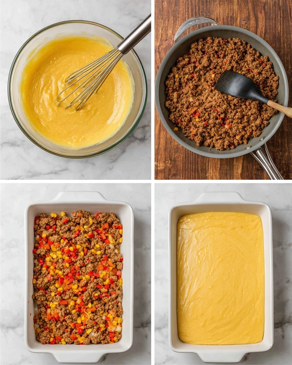 The image shows four steps of making a layered dish on a white marbled surface. The first part is a clear glass bowl with a thick yellow batter being whisked by a metal whisk on top, with visible texture. The second part is a gray frying pan with browned cooked ground meat mixed with small pieces of red bell pepper and onions, with a black spoon inside. The third part shows a white rectangular dish filled with one layer of the meat and vegetable mix, visibly colorful with orange, yellow, and red bits. The fourth part shows the same white dish covered with an even layer of smooth yellow batter on top. Photo taken with an iphone --ar 4:5 --v 7