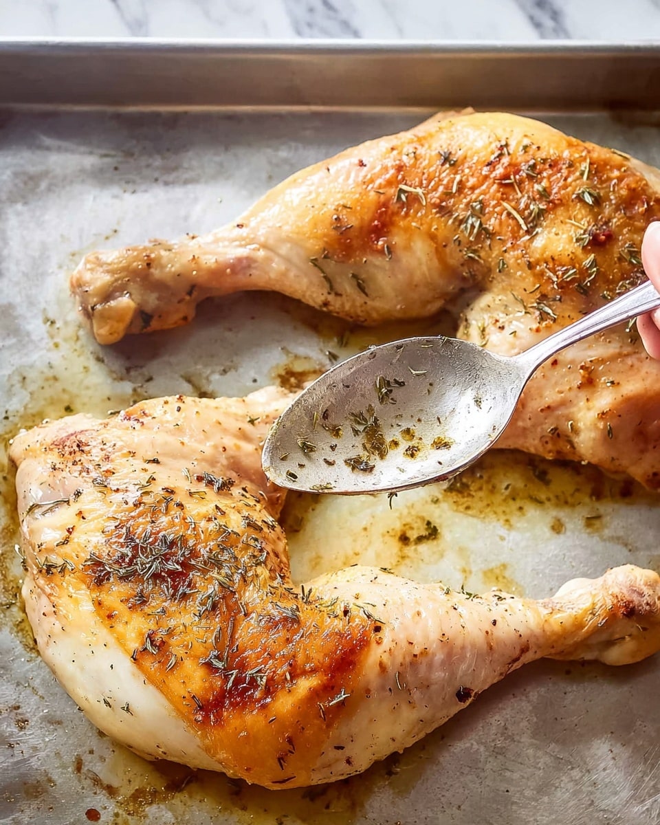 Two roasted chicken leg quarters lie on a metal baking tray with a golden, slightly oily surface. Each piece has a pale golden-brown color with some darker browned spots and is sprinkled lightly with dried herbs. A silver spoon held by a woman's hand is shown near the upper leg piece, slightly lifting some juices. The chicken skin looks smooth but crisp in places with visible seasoning flecks. The background is a white marbled texture. photo taken with an iphone --ar 4:5 --v 7