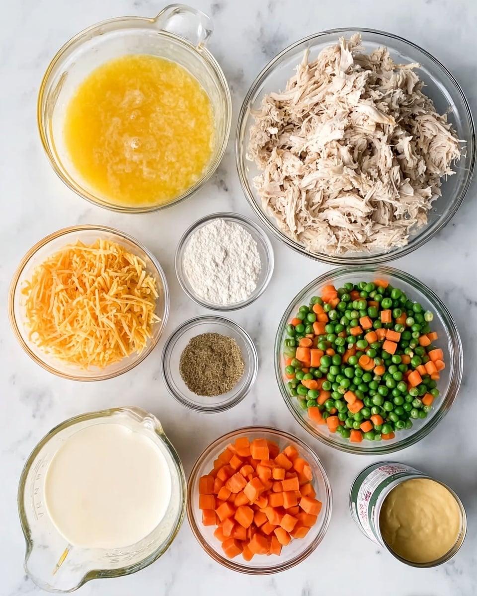 The image shows a white rectangular baking dish filled with two layers of food. The bottom layer is shredded light brown chicken, spread evenly across the base of the dish. On top is a thick layer of bright green peas and small diced orange carrots, scattered all over the chicken. The dish sits on a white marbled surface and is next to a white cloth with thin black stripes. Photo taken with an iphone --ar 4:5 --v 7
