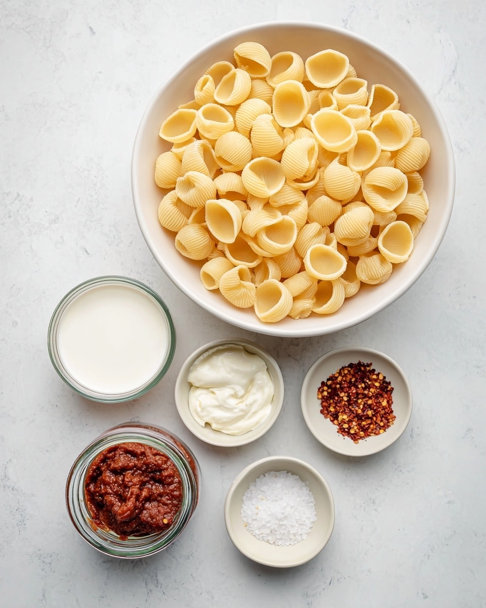 A top view shows a large white bowl filled with dry, small cup-shaped pasta that is light yellow and smooth with slight ridges. Below the bowl, there are five small white containers arranged in a loose vertical line on a white marbled surface. The top left container holds a white liquid, the middle right one has thick white cream, the middle left jar contains a chunky red-brown sauce, the bottom right bowl has red chili flakes, and the bottom left bowl contains white salt. The overall setting is clean and simple. Photo taken with an iphone --ar 4:5 --v 7