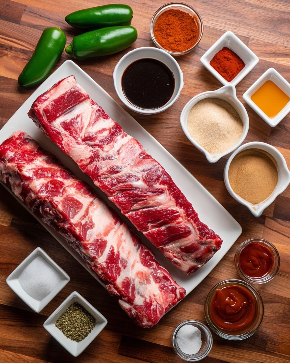 A full rack of barbecue ribs covered with thick, dark reddish-brown sauce lies on crumpled brown paper, showing the bones clearly at the bottom layer; to the right, there are several ribs cut into smaller pieces, showing juicy, tender meat with a reddish-pink inside and a dark crust outside; above the ribs, a wooden basting brush coated with the same sauce rests diagonally on the paper, and above it, a fresh green jalapeño pepper is placed; in the top right corner, a white bowl filled with smooth, thick barbecue sauce with swirls on its surface sits on the white marbled background photo taken with an iphone --ar 4:5 --v 7