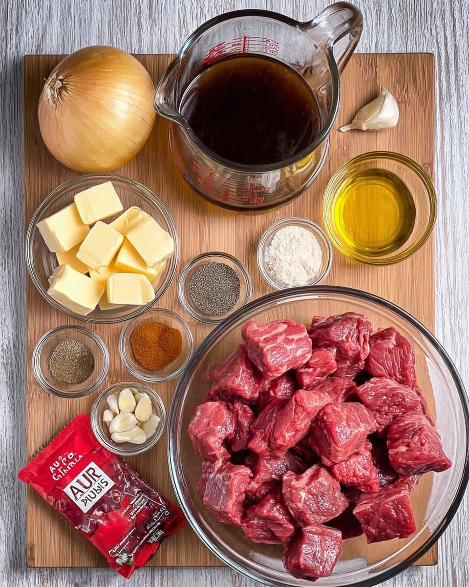Inside a black slow cooker, there are three main layers: on the left side, several raw dark red meat cubes; on the right side, light brown whole potatoes, some halved showing a pale yellow inside; and on top of both, multiple thick pale yellow butter pats placed evenly. Scattered over the ingredients are small granules of light brown seasoning and finely chopped minced garlic, and a mix of darker ground spices like pepper and salt is sprinkled throughout. The slow cooker sits on a white marbled surface. Photo taken with an iphone --ar 4:5 --v 7