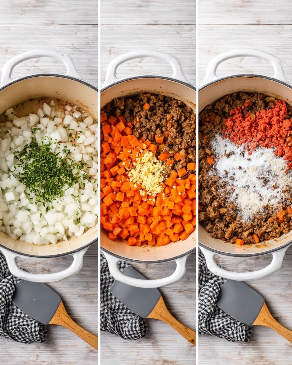 The image shows three white pots on a white marbled surface, each pot showing a different step of cooking. The first pot contains raw ingredients: chopped white onions on the left, bright orange diced carrots at the bottom, fresh green herbs sprinkled on the top left, and red ground meat occupying the right side, all unmixed. The second pot shows the ingredients cooked together, with brown cooked meat as the main layer, mixed with softened translucent onions and small orange carrot pieces, topped with finely chopped light yellow garlic in the center. The third pot shows the cooked mixture with a white powdery ingredient spread on top, partially covering the browned meat, carrots, and onions below. A gray spatula rests near each pot, and a cloth with a black and white checkered pattern is visible at the bottom left of the first and second images. photo taken with an iphone --ar 4:5 --v 7