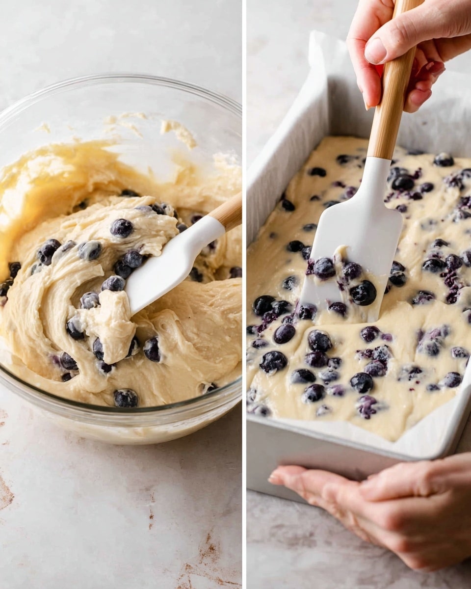 The image shows two pictures side by side. The left picture has a clear glass bowl filled with light cream-colored batter that looks soft and thick. There are many dark blue blueberries mixed into the batter. A white spatula with a wooden handle is stirring the blueberries in the batter, held by a woman's hand at the bottom of the bowl. The background has a white marbled texture. The right picture shows light cream-colored batter with dark blue blueberries being spread with a white spatula inside a white baking tray lined with white parchment paper. A woman's hand is gently pressing the batter smooth in the tray. The background also has a white marbled texture. photo taken with an iphone --ar 4:5 --v 7