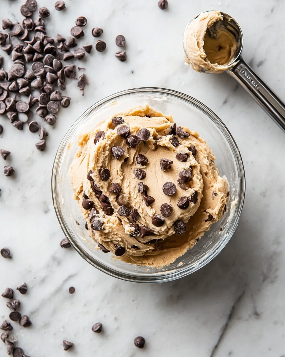 In the image, there is a clear glass bowl filled with pale beige cookie dough mixed with dark brown chocolate chips. The dough has a thick, smooth texture and is rounded in the bowl with a noticeable mound in the center holding extra chocolate chips. To the left, dark chocolate chips are scattered on a white marbled surface. On the top right, a metal ice cream scoop with some sticky dough inside rests partially on the white marbled texture. The scene is lit softly, showing the creamy and rich texture of the dough and the shiny chips. photo taken with an iphone --ar 4:5 --v 7
