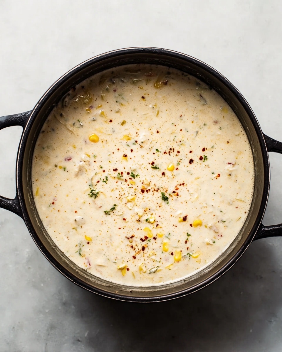 A black metal pot filled with creamy orange soup, showing large white pieces of fish and several pinkish shrimp with orange-red crab legs scattered throughout. There are small green herbs sprinkled over the top and light yellow potato chunks visible in the soup. A lemon wedge sits on the side of the pot on a white marbled surface. The soup looks thick and rich with smooth texture. Photo taken with an iphone --ar 4:5 --v 7
