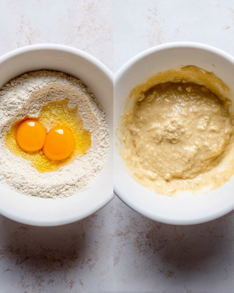 Two white bowls sit side by side on a white marbled surface. The left bowl holds a mix of dry light beige flour and two raw bright orange egg yolks sitting on top, with the yolk whites slightly visible around them. The right bowl shows the same mixture after stirring, now a thick beige batter with a creamy texture and small lumps visible on the surface. Both bowls have a smooth white interior and rounded edges. Photo taken with an iphone --ar 4:5 --v 7