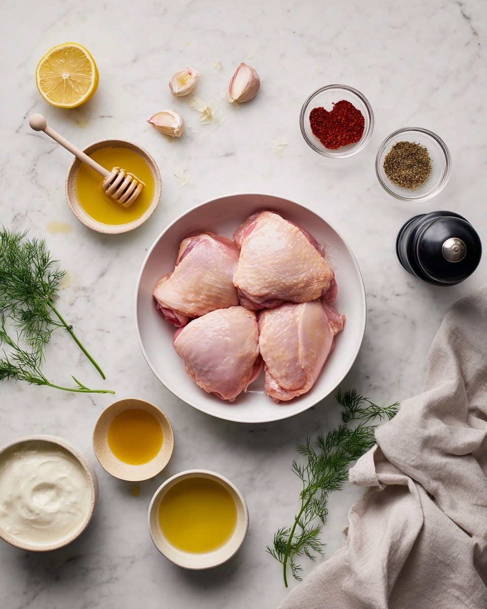 The image shows a white round bowl in the center with four pieces of raw pink chicken thighs, smooth and plump, arranged closely inside. Surrounding this bowl, there are small clear glass bowls with bright red paprika, dark brown spice, and chopped garlic near the top right. To the left, a white small bowl holds light yellow lemon juice with a lemon wedge resting on the rim, and a honey dipper stands over another small bowl filled with thick amber honey. Below them are a small glass bowl with golden olive oil and another with pale yellow mustard. A beige bowl containing thick white yogurt is placed below the chicken bowl. Fresh green sprigs of dill are placed loosely inside and outside a small white bowl on the right side. A black pepper grinder stands nearby on the white marbled surface, along with some garlic skin pieces scattered around. A light gray linen cloth covers some of the left side of the surface. Photo taken with an iphone --ar 4:5 --v 7