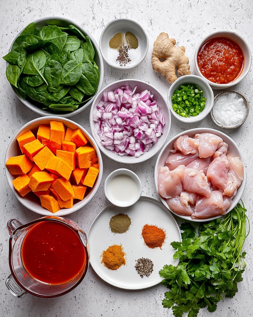 The image shows a top view of various cooking ingredients neatly arranged on a white marbled surface. There are ten bowls and containers holding different items: a white bowl with fresh green spinach leaves on the top left, a white bowl with large orange chunks of sweet potato on the bottom left, a white bowl with chopped red onions near the center left, a small white bowl with minced ginger at the top, a small white bowl with chopped green chili pepper on the top right, a round white plate with several dry spices in small piles including turmeric, cumin, and black pepper near the center bottom, a small white bowl with a white solid fat next to the spices, a white bowl with raw light pink chicken pieces in the top right, a small bowl with minced garlic near the top center, and a glass measuring cup filled with a red tomato sauce at the middle right. Fresh green cilantro sprigs lie loosely at the bottom right. The colors are fresh and vibrant, and everything is clean and well organized. Photo taken with an iphone --ar 4:5 --v 7