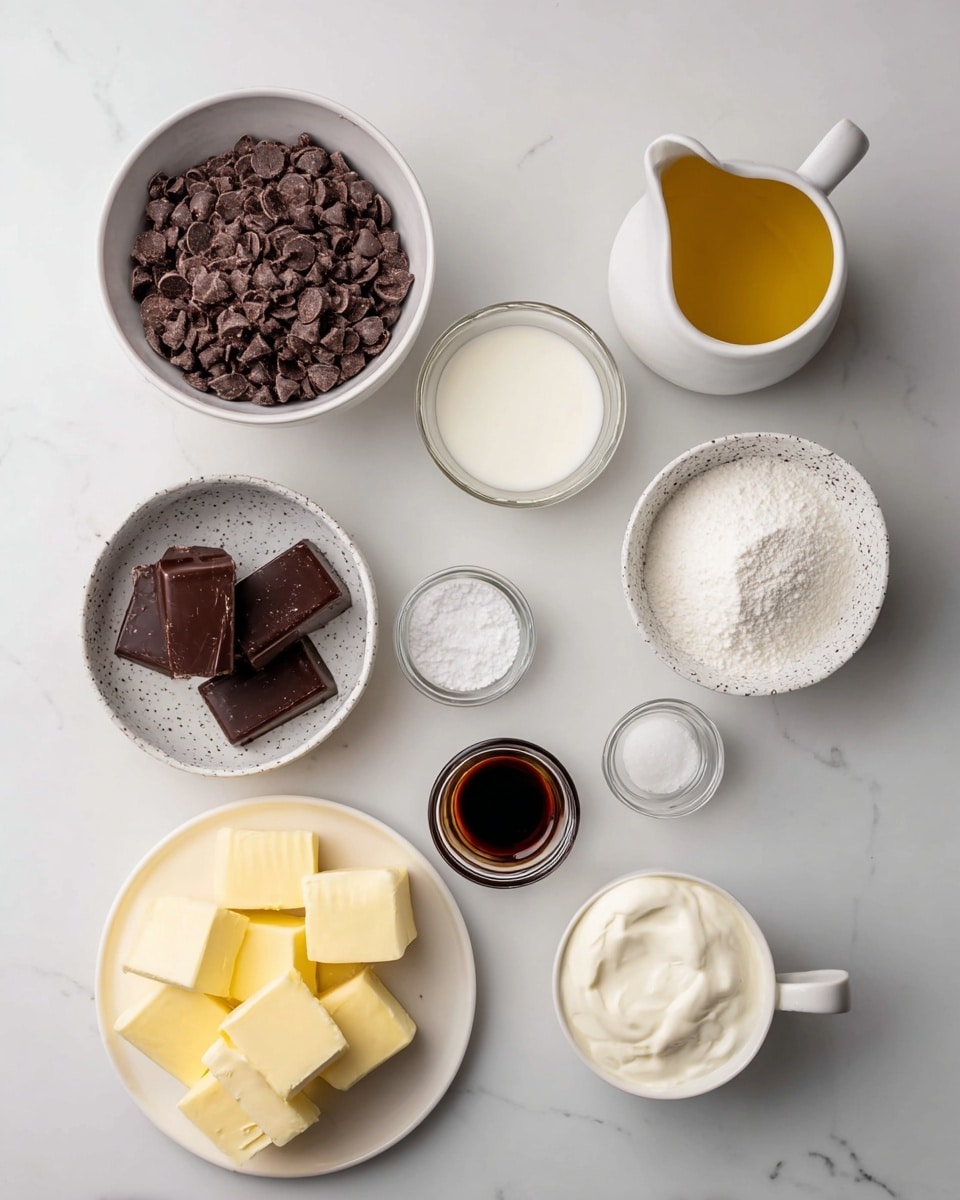 The image shows nine small white bowls and cups arranged neatly on a white marbled surface. The top left bowl is filled with dark brown chocolate chips, while to its right there is a white small jug with golden melted butter. To the right of the jug is a small bowl with white powder, likely baking soda or powder. Below the chocolate chips is a small clear glass cup with white cream. Next to it is a white speckled bowl filled with white granulated sugar. The bottom row has a white bowl with dark chocolate squares on the left, a tiny white jug with dark vanilla extract in the center, and a white cup filled with thick white cream on the right. In the bottom left corner is a white plate with several cubes of pale yellow butter. All the items are clean and clearly placed for easy viewing. Photo taken with an iphone --ar 4:5 --v 7
