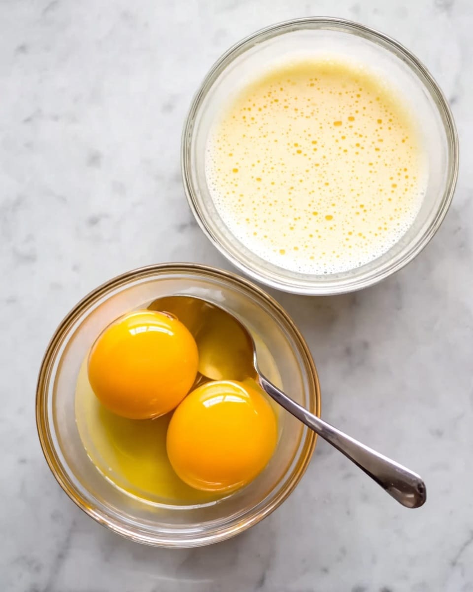 Two clear glass bowls sit on a white marbled surface. The bowl on the right shows two bright yellow egg yolks sitting in translucent egg whites, with smooth texture and round shapes. The bowl on the left contains a frothy, light yellow mixture, with little bubbles visible across the surface. A silver spoon rests inside the bowl with the frothy mixture, angled slightly with the spoon part facing upward. Photo taken with an iphone --ar 4:5 --v 7