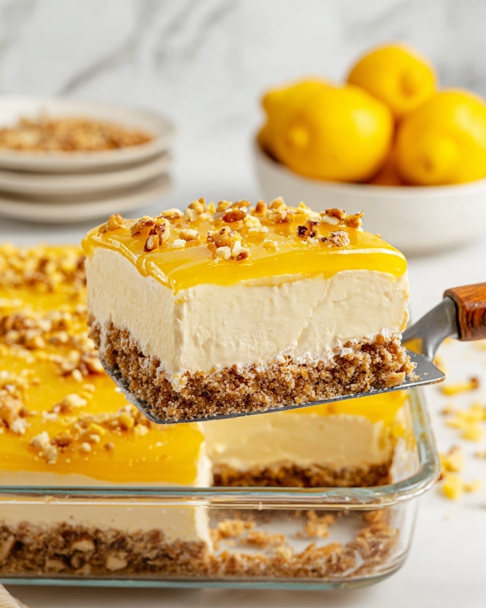 A close-up of a three-layer dessert held on a metal spatula with a wooden handle, showing a bottom layer made of crumbly brown nuts and biscuit mix, a thick middle layer of smooth, light cream, and a thin top layer of shiny yellow jelly sprinkled with small chopped nuts. The dessert sits in a clear square glass dish, placed on a white marbled surface, with a white bowl of bright yellow lemons in the blurry background. Photo taken with an iphone --ar 4:5 --v 7