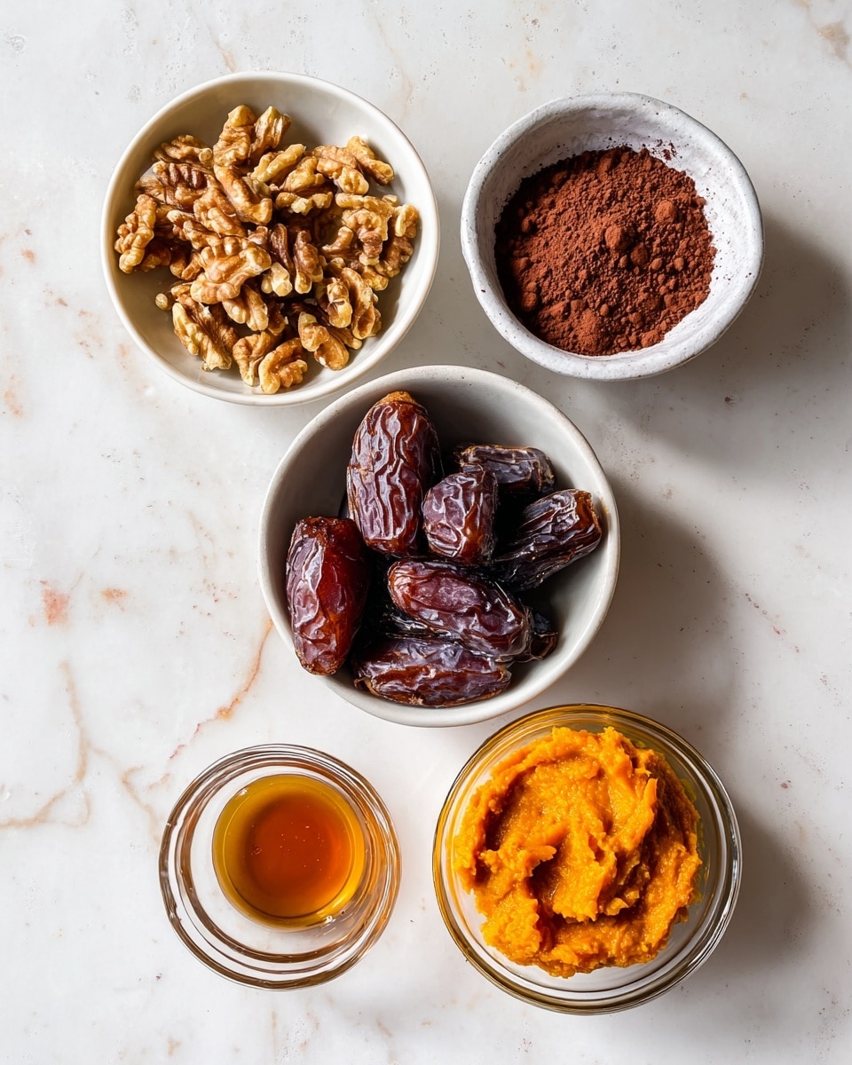 Five small white bowls sit on a white marbled surface, each holding different ingredients. The top left bowl holds light brown walnut pieces with a rough texture. To the top right, a bowl is filled with fine cocoa powder in dark brownish red shades, slightly clumped. Below that, in the middle right, there is a bowl filled with large, dark reddish-brown dates with wrinkled, shiny skin. Below to the bottom right, a glass bowl contains smooth, bright orange pumpkin puree. On the bottom left, a small bowl holds amber-colored syrup with a glossy surface. Photo taken with an iphone --ar 4:5 --v 7