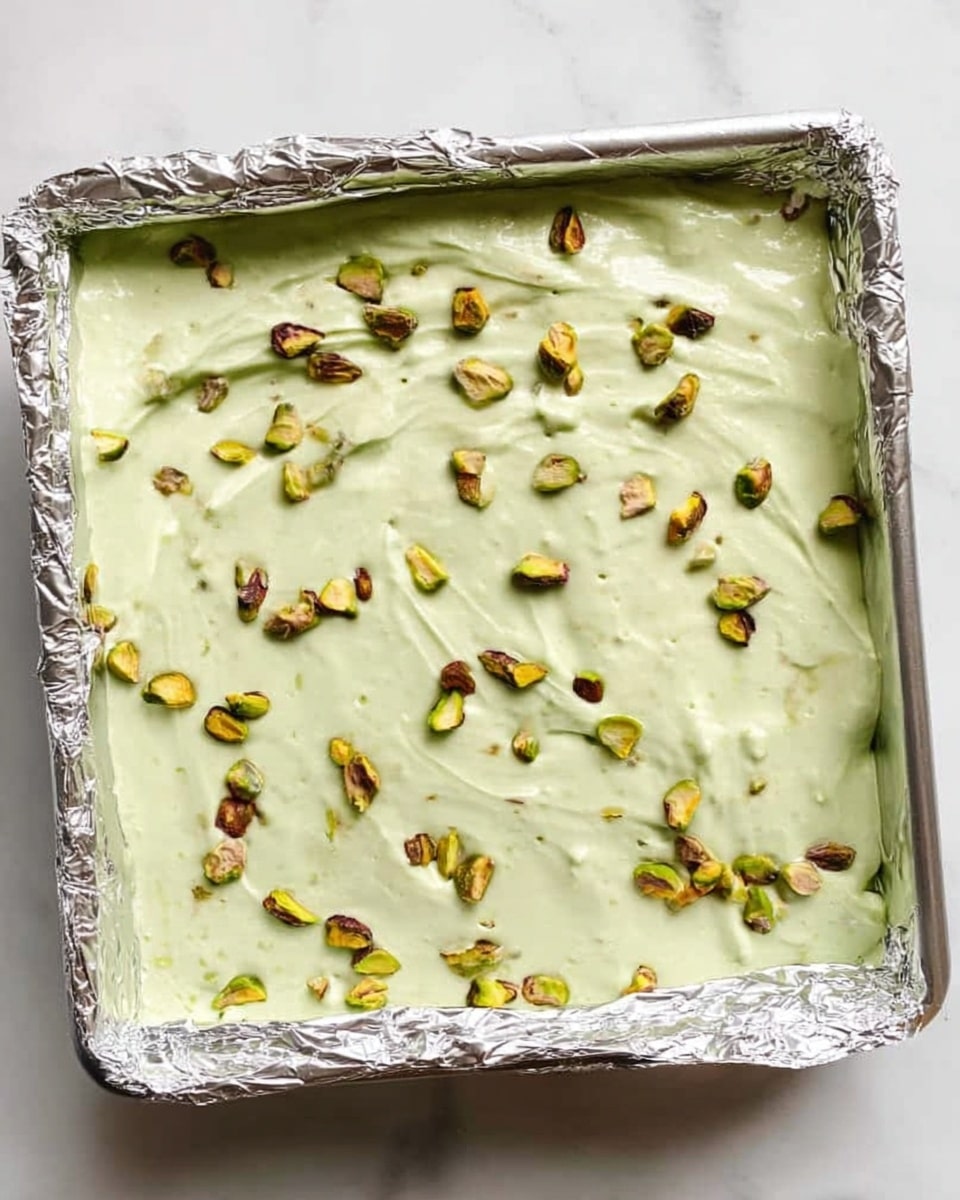 The image shows small square pieces of light green sweet arranged close together on a white plate with a thin gold rim. Each square has two layers: a smooth, pale green base with a slightly creamy texture, and a topping layer sprinkled with finely crushed beige nuts and small whole pistachios. Around the plate, a few whole pistachio nuts are scattered for decoration. The overall look is soft and inviting with a touch of crunch from the nuts. The setting is on a white marbled surface. photo taken with an iphone --ar 4:5 --v 7