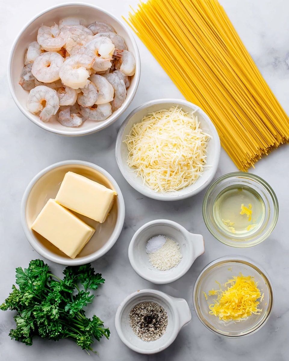 A white frying pan with a wooden handle is filled with a layer of light yellow fettuccine pasta, mixed with many small pink shrimp scattered evenly throughout. Small green parsley pieces are sprinkled over the pasta, adding bright spots of color. The pasta strands look soft and slightly shiny, resting over each other in a loose, tangled pile. The background has a white marbled texture. Photo taken with an iphone --ar 4:5 --v 7