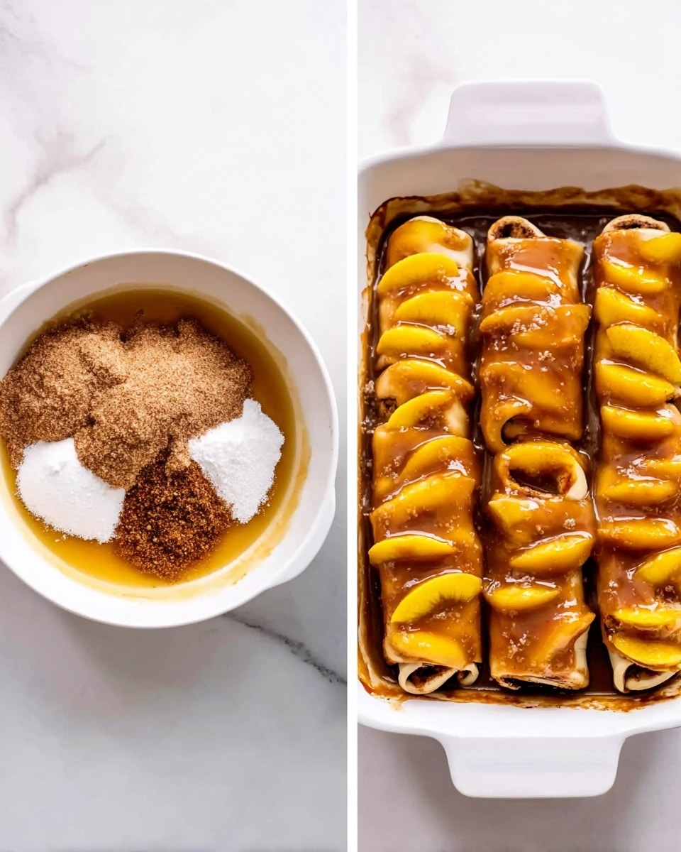 The image shows two side-by-side parts: on the left, a white bowl with a mix of golden syrup, brown sugar, white flour, and brown cinnamon piled in the center; on the right, a white baking dish filled with rolled dough pieces wrapped around yellow peach slices arranged in two rows, all covered in a brown syrup sauce. The baking dish is sitting on a white marbled surface. Photo taken with an iphone --ar 4:5 --v 7