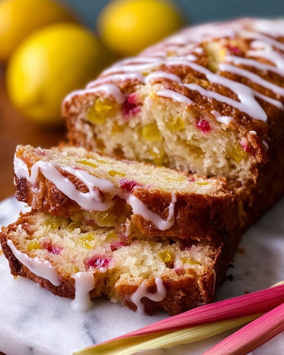 A loaf cake with two visible slices resting in front of it, the cake has a golden brown crust and a moist inside showing yellow and pink fruit pieces scattered throughout the light crumb. The top of the loaf is drizzled with thick white icing applied in uneven stripes. In the foreground, pale pink stalks lie next to the cake, and in the blurred background are yellow round fruits. The whole presentation is on a white marbled surface. Photo taken with an iphone --ar 4:5 --v 7