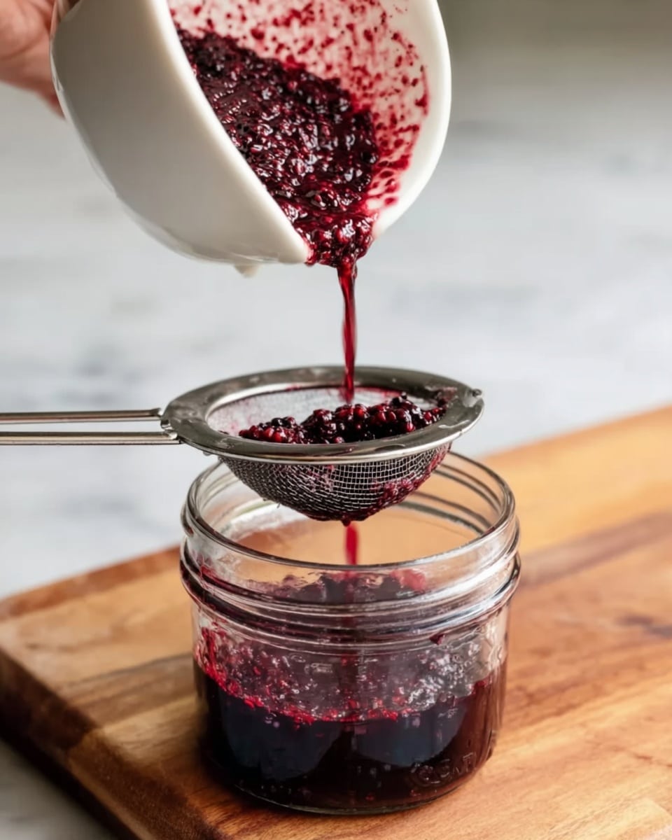 A close-up image shows a white bowl held by a woman's hand, pouring a dark red and purple thick sauce filled with whole berries through a fine metal strainer into a clear glass jar below. The sauce appears chunky with visible seeds and pieces of fruit, flowing slowly into the jar placed on a wooden surface. The background includes a clean white marbled texture. Photo taken with an iphone --ar 4:5 --v 7