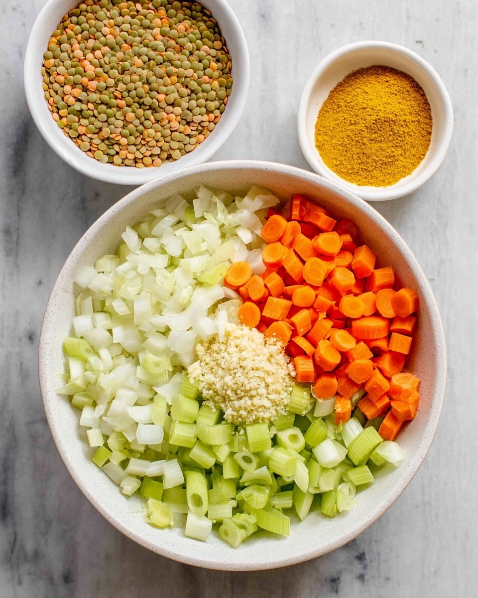A white bowl sits on a white marbled surface, filled with five layers of chopped ingredients arranged separately: bright orange thin carrot slices on the top right, light green chopped celery cubes on the bottom right, small white diced onion pieces on the bottom left, pale green sliced leeks with white portions on the top left, and a small mound of beige minced garlic in the center. To the top left of the bowl is a white bowl filled with a mix of small round beige, orange, and green lentils. To the top right is a smaller white bowl containing bright yellow turmeric powder. photo taken with an iphone --ar 4:5 --v 7