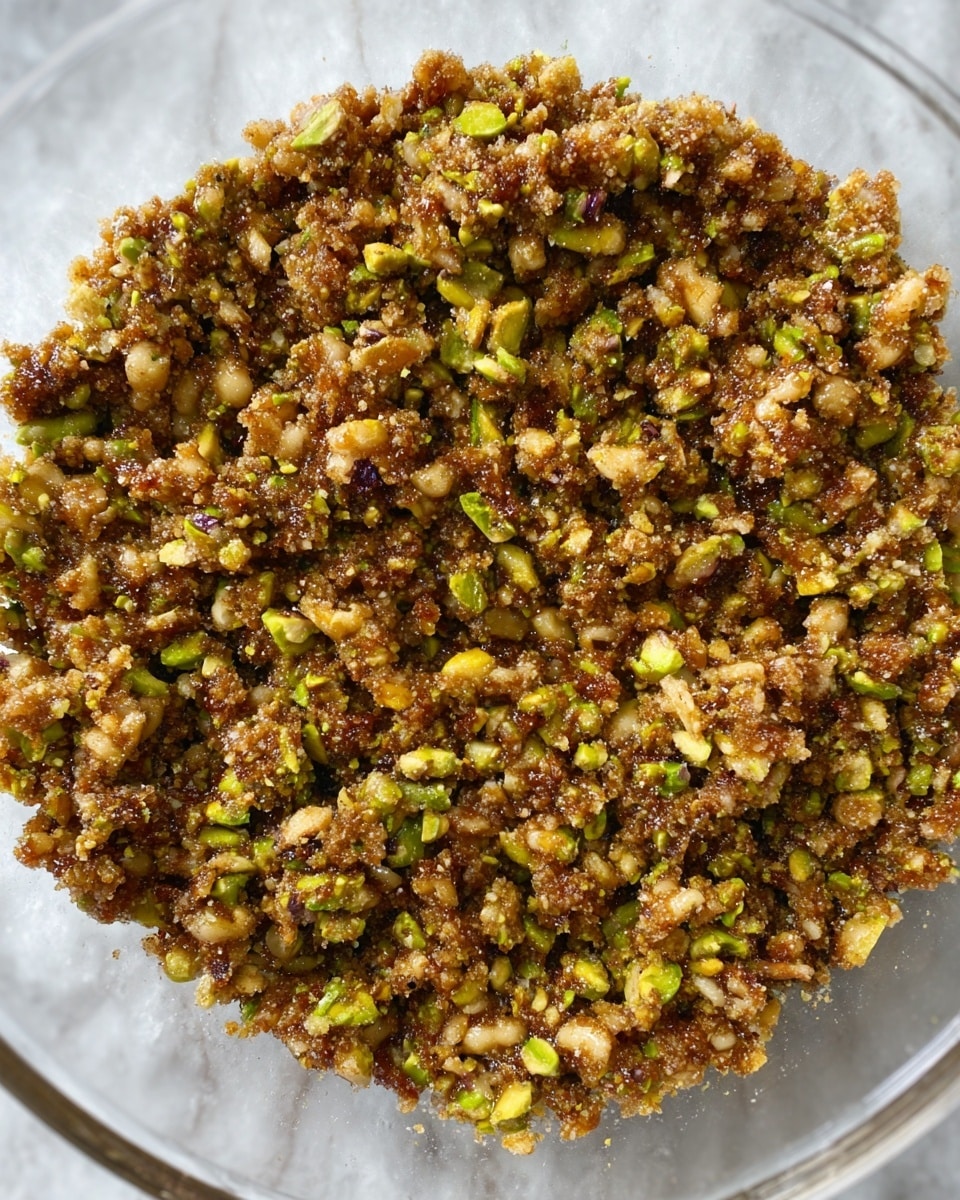 The image shows several dark brown dates, each sliced in half and filled with a mix of chopped nuts including light tan walnuts and green pistachios, all sprinkled with a light dusting of spice. The stuffed dates are placed on a white plate, with drops of honey scattered around them, giving a shiny, sticky look. A wooden honey dipper lies on the plate beside the dates, with honey dripping on the surface. The background is a white marbled texture, with sunlight casting soft shadows around the food, highlighting the textures and colors. Photo taken with an iphone --ar 4:5 --v 7